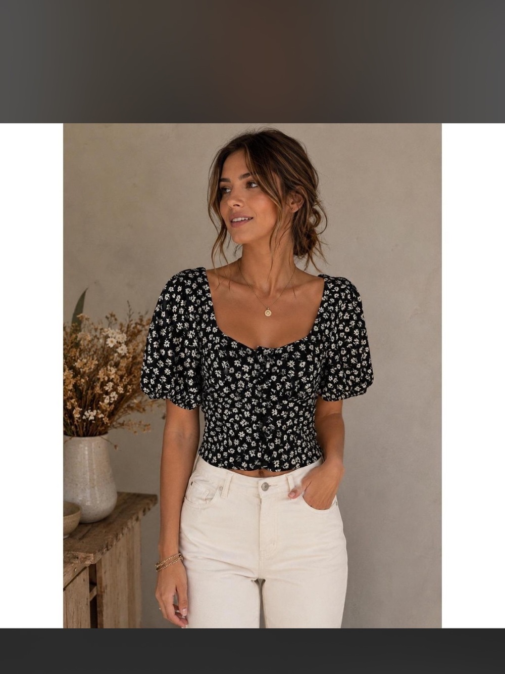 Free People Women’s Dalia Black Floral Puff-Sleeve Square-Neck Crop Top